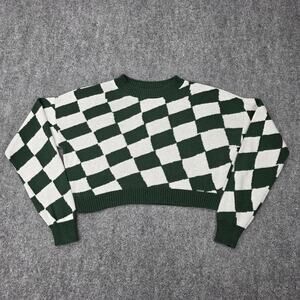 Hollister Sweater Womens XS Green Checkered Cropped Crewneck Knit Pullover